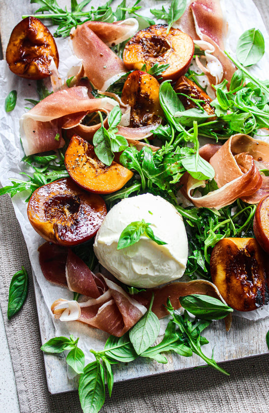 Jaca Glazed Grilled Peach and Prosciutto Salad