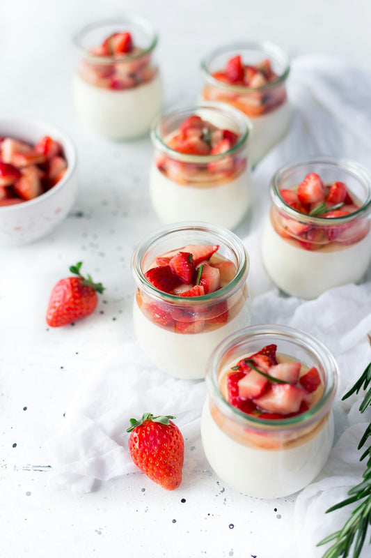 Vanilla Bean Panna Cotta with Jaca and Fresh Strawberries